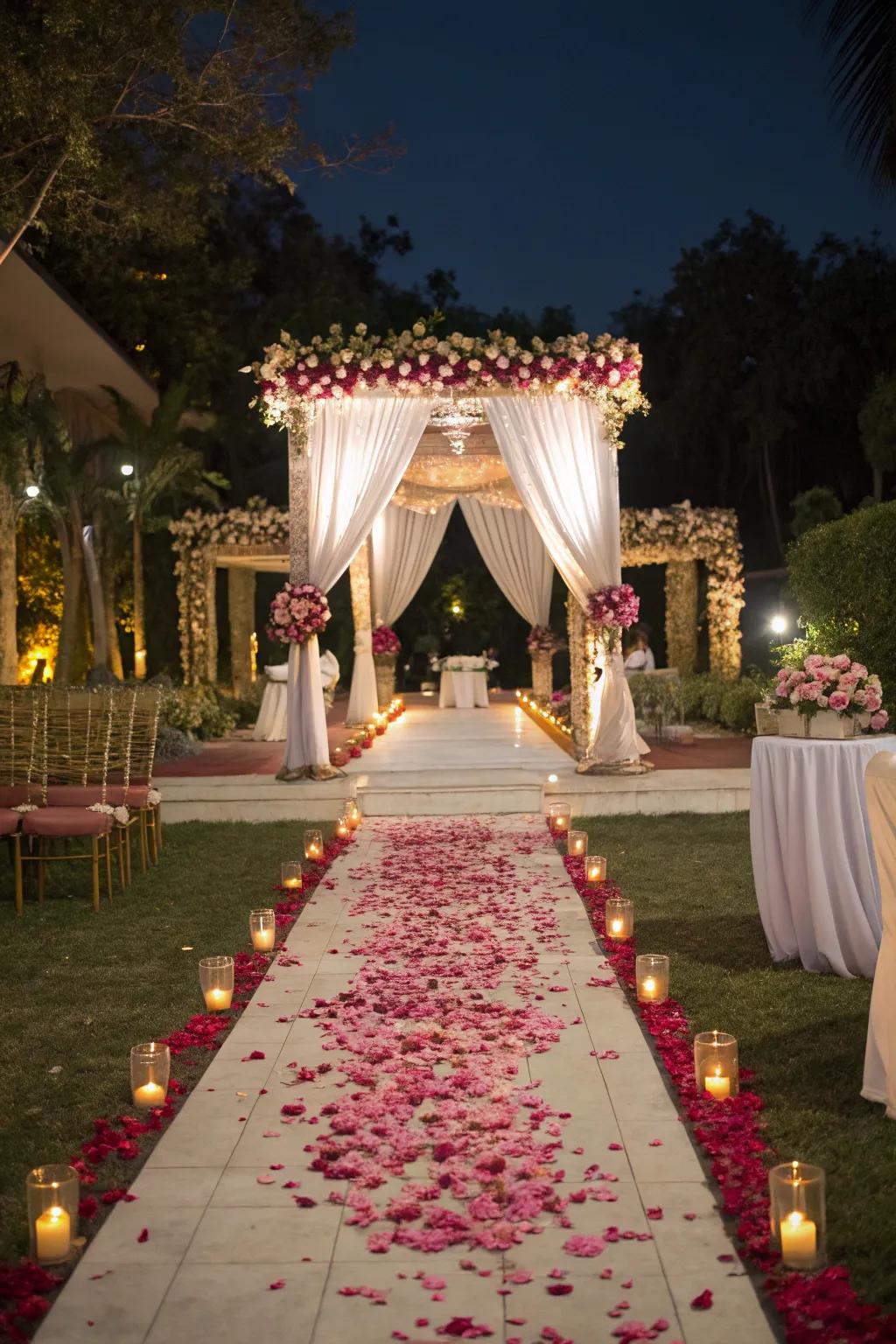 Welcoming accessways leading to the mandap, enhanced with petals and cloths.