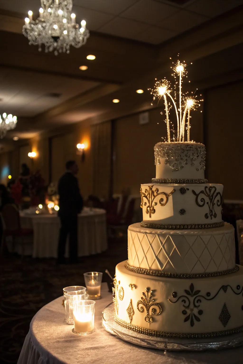 Spotlights cast a theatrical glow on this Hollywood-inspired cake.