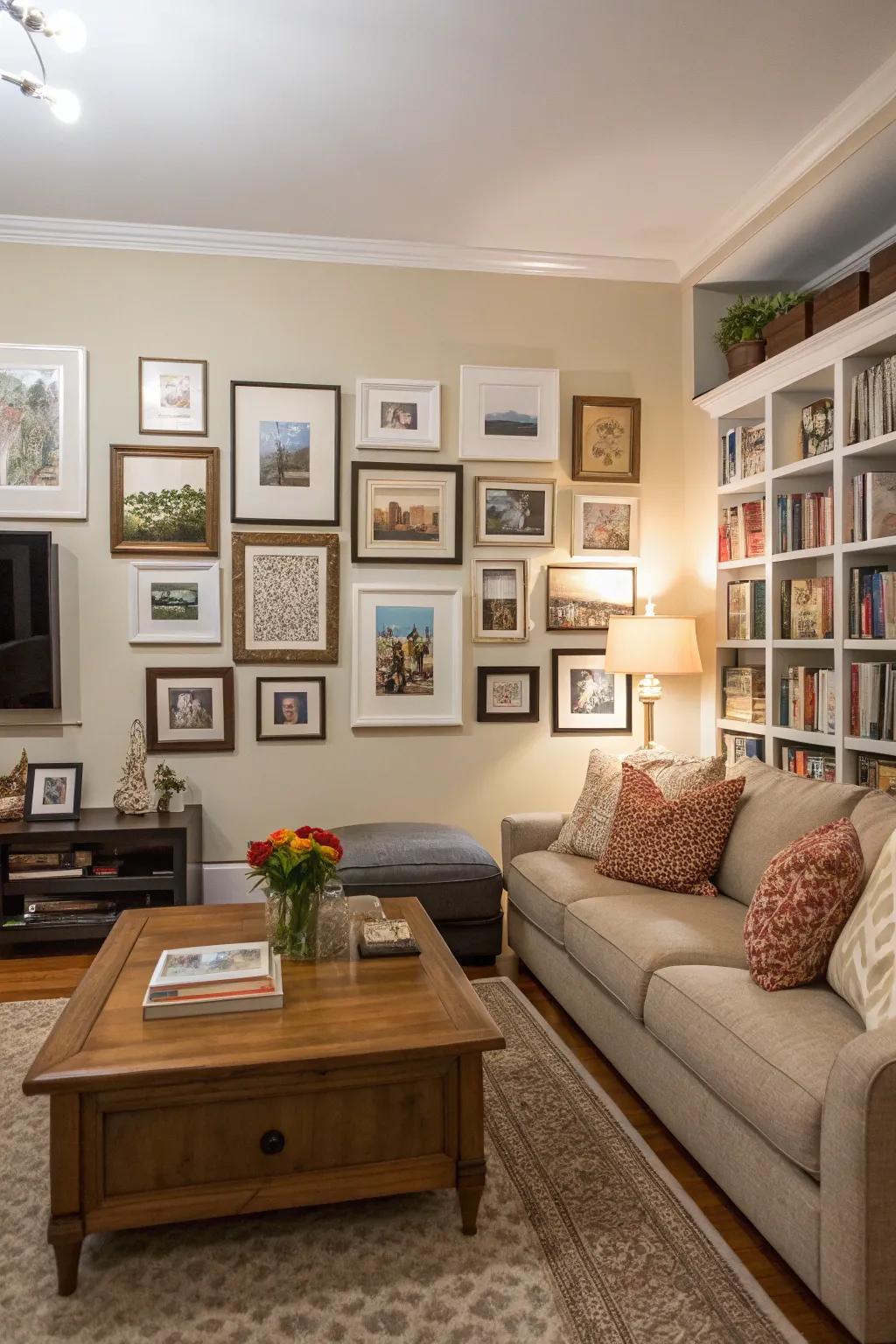 A gallery wall tells a personal story through a curated collection of art.