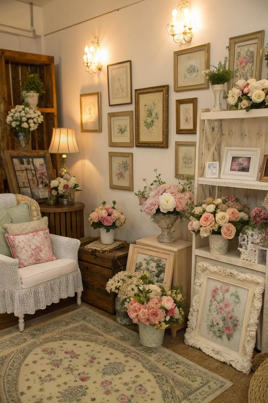 Antique frames and pastel flora generate a timeless sophistication.