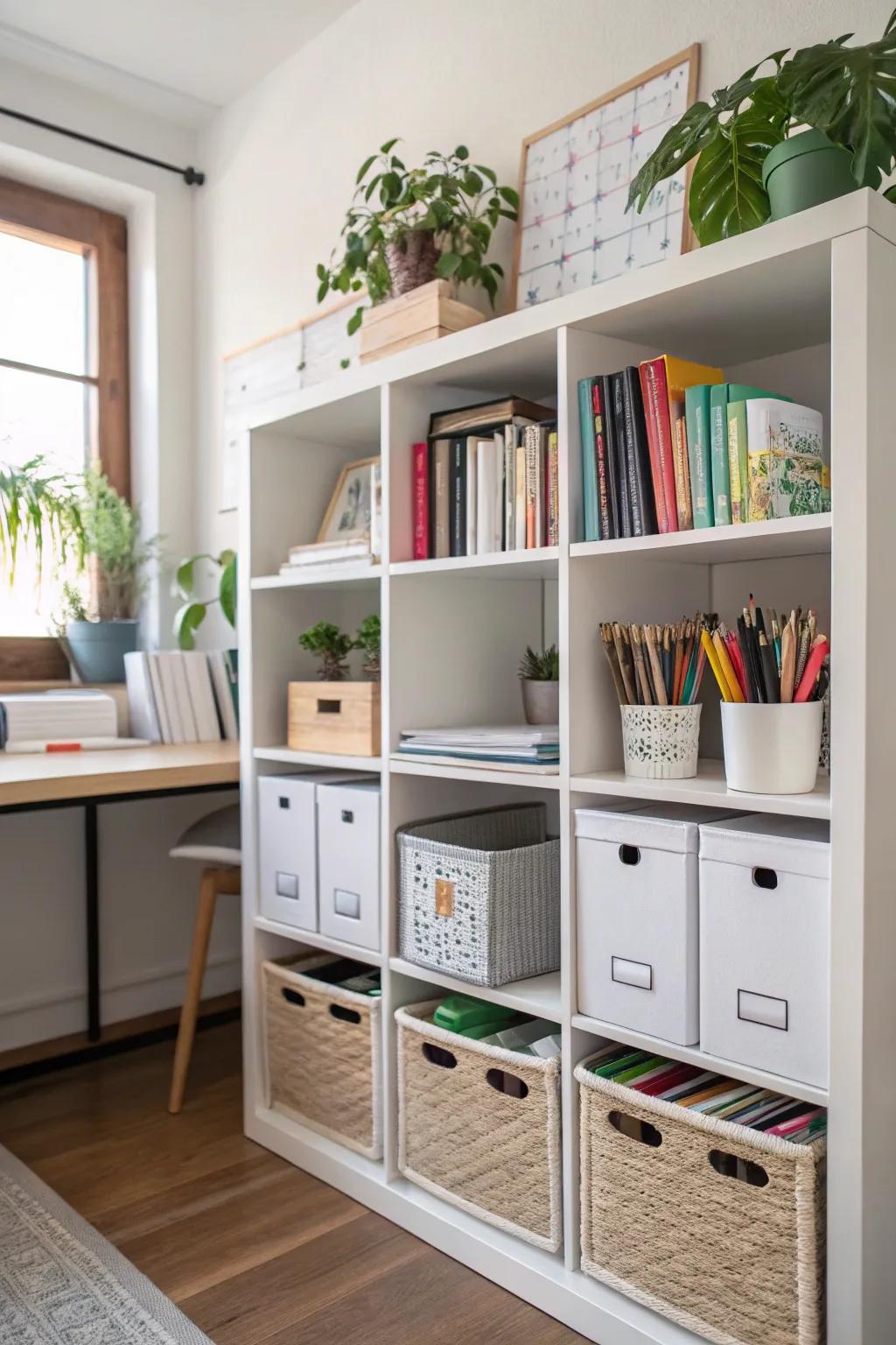Compartment shelves keep your office organized and tidy.