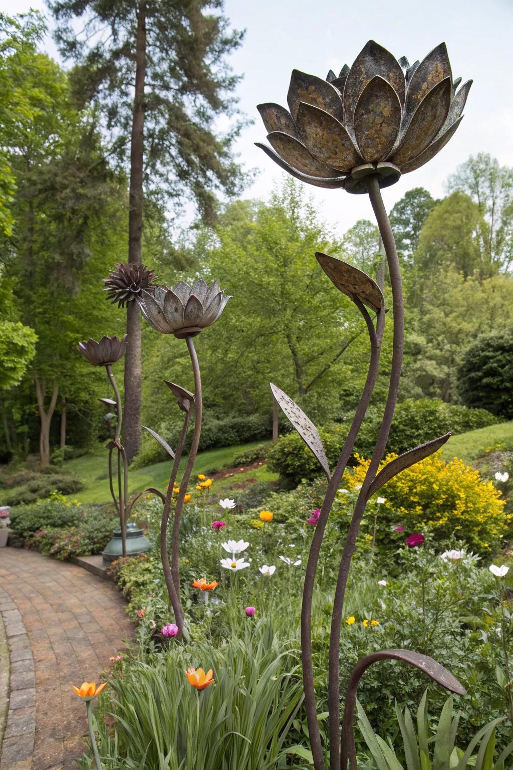 Add a touch of industrial chic with metal flower sculptures.
