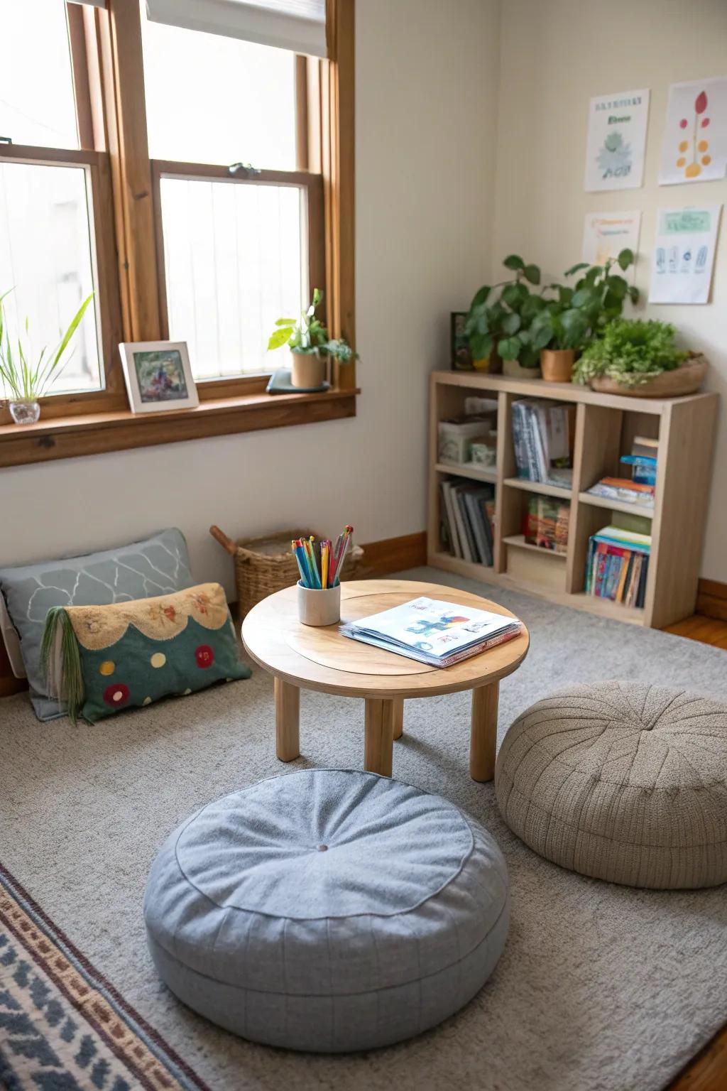Flexible seating provides comfort and flexibility in small homeschool areas.
