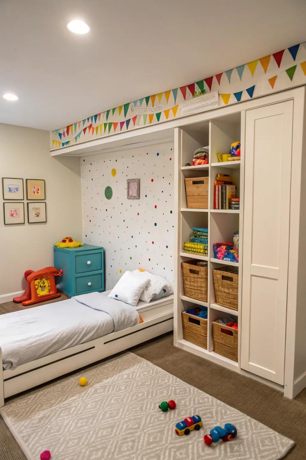 A fun children's room having a foldable hideaway bed, changing into a fun play space.