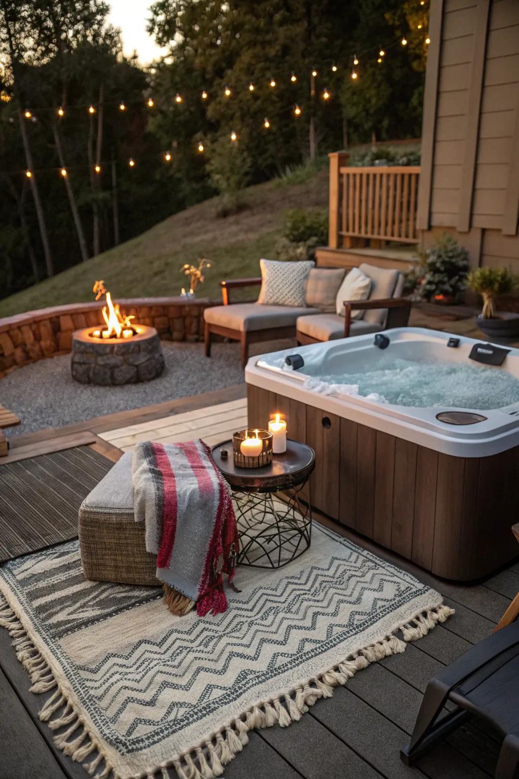 A brazier contributes warmth and allure to the <strong><em>hot tub</em></strong> area.” loading=”lazy” class=”pimg”>
	</picture><figcaption>A brazier contributes warmth and allure to the <strong><em>hot tub</em></strong> area.</figcaption></figure>
<p>Incorporate a brazier or exterior fireplace nearby for a snug and inviting atmosphere. I cherish how the warmth of a fire enhances the soothing waters of the <strong><em>hot tub</em></strong>.</p>
<h3>Possibly handy products:</h3>
<ul class=