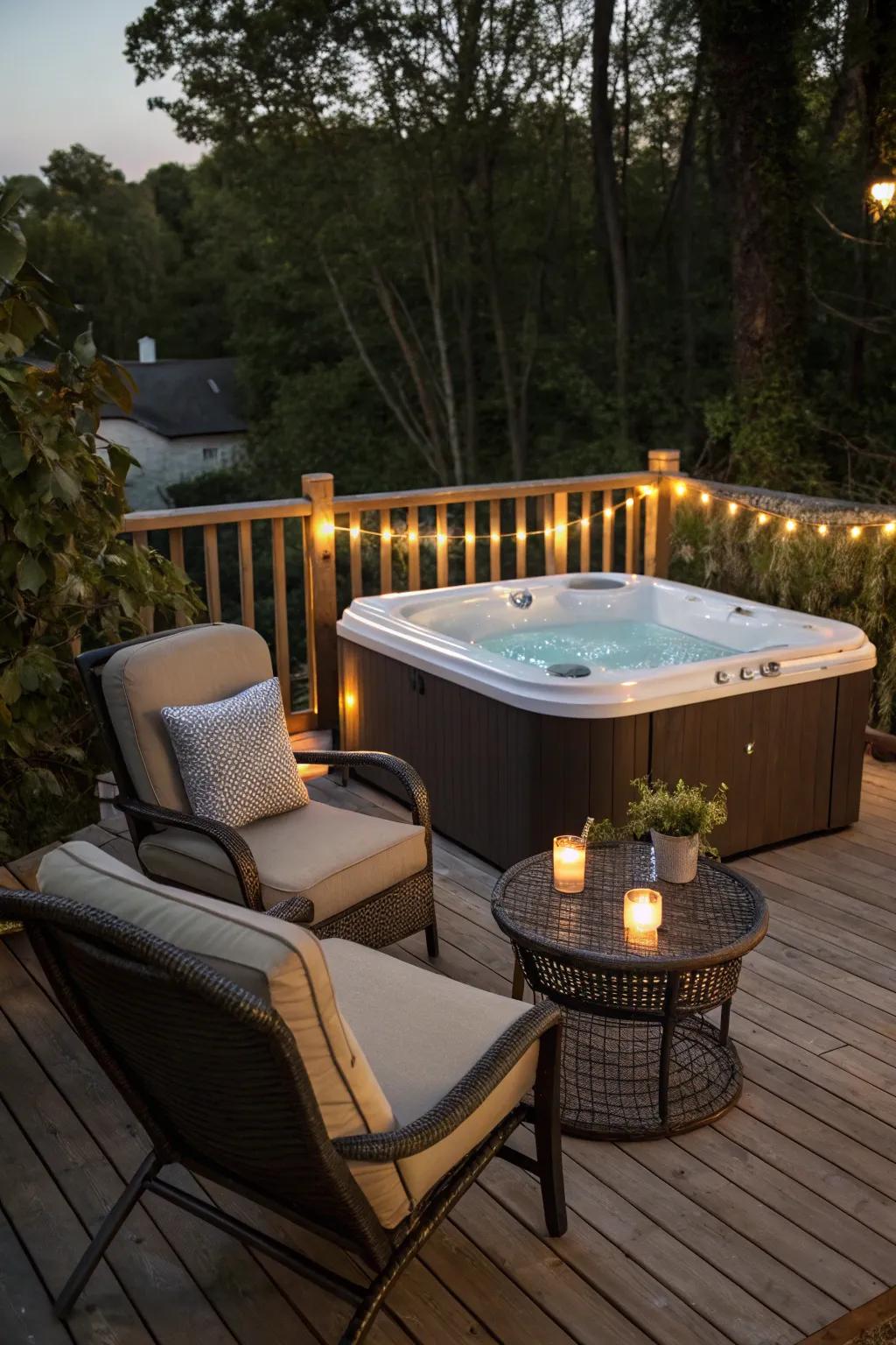 Create a social corner with cozy seating by your spa.