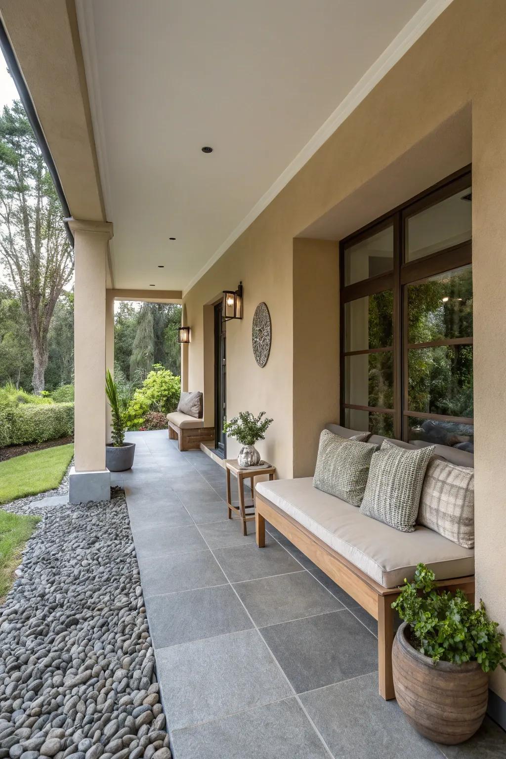 Neutral colors meld seamlessly in this modern porch design.