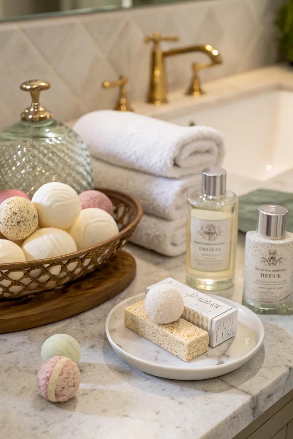 Luxurious bath essentials create a soothing and relaxing retreat.