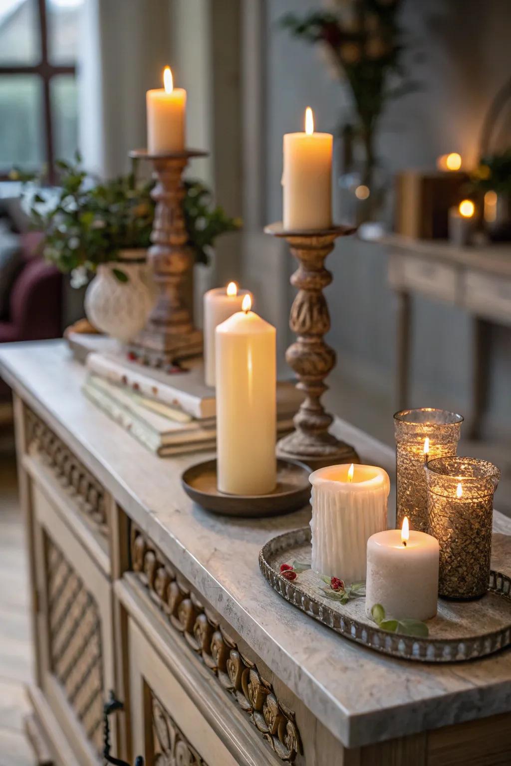 A cozy glow from artfully displayed candles.