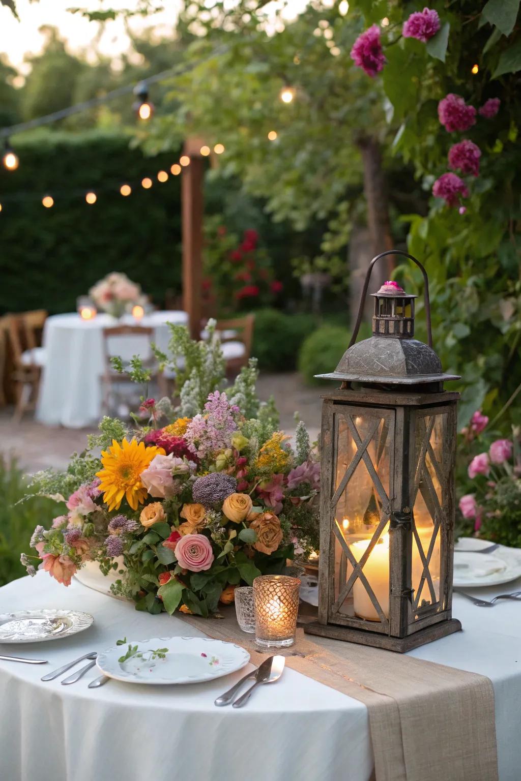 Whimsical garden gathering lantern centerpiece incorporating assorted flowers.