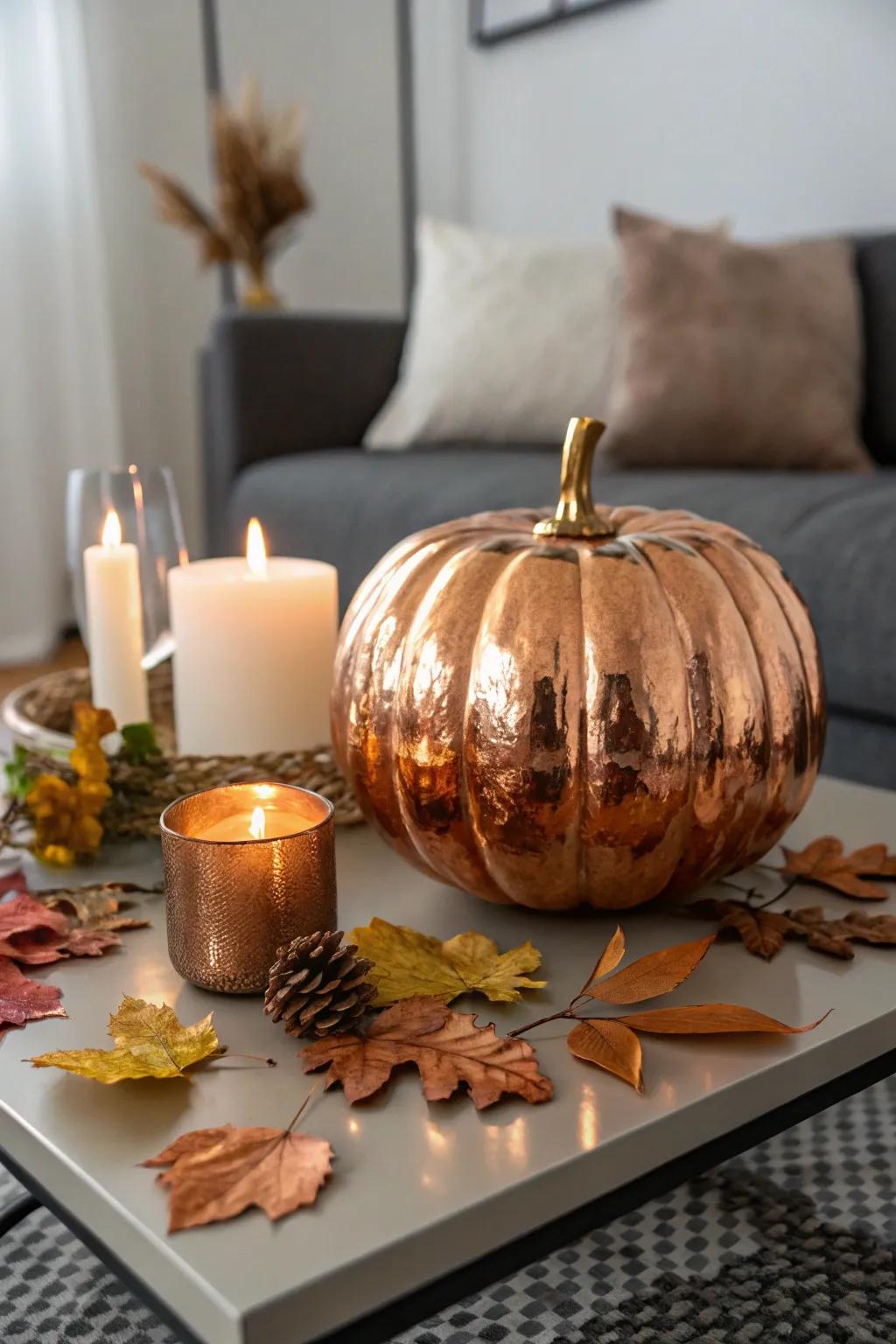 A metallic pumpkin, shimmering with a contemporary elegance.