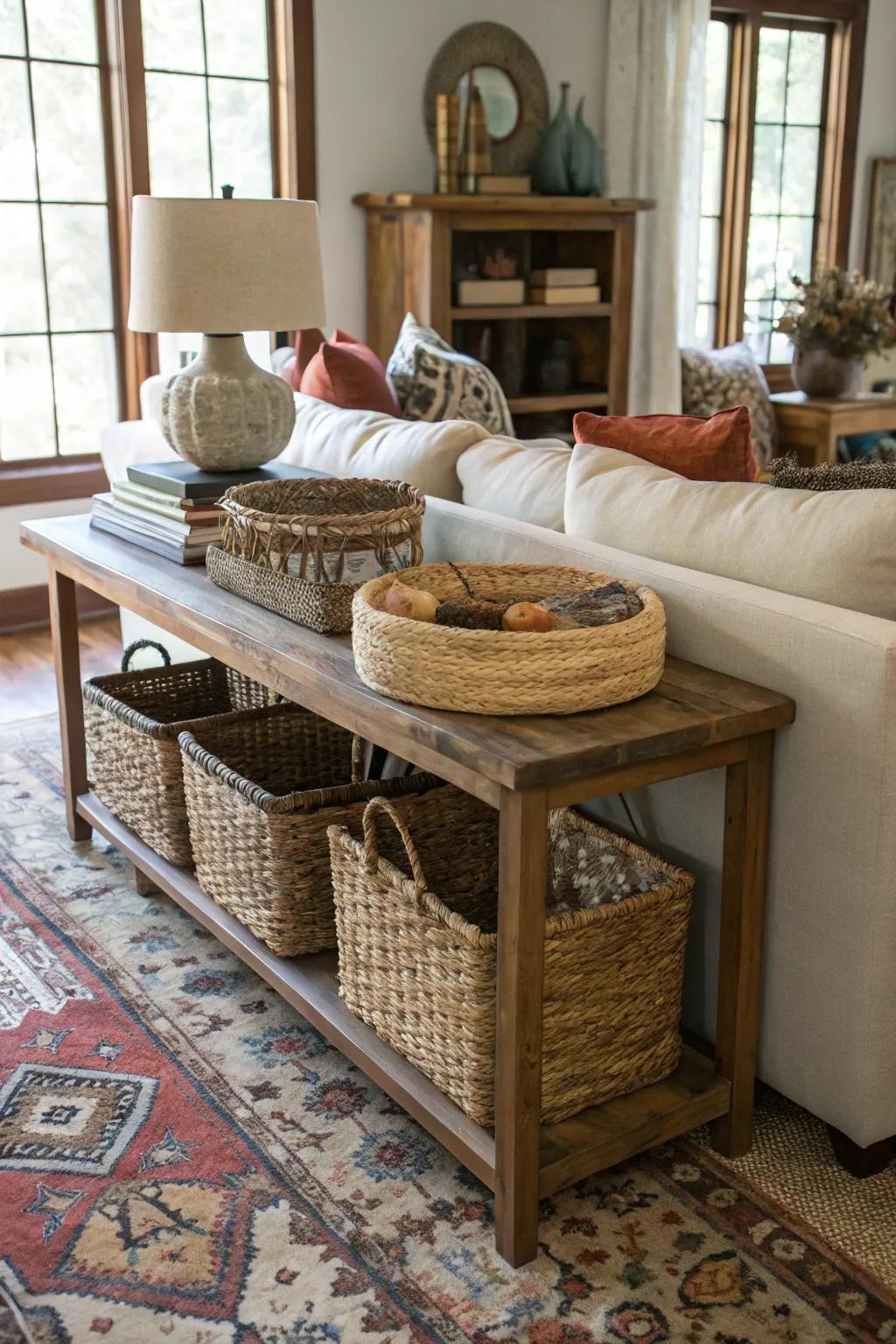 Baskets add texture and serve a practical function on a sofa table.