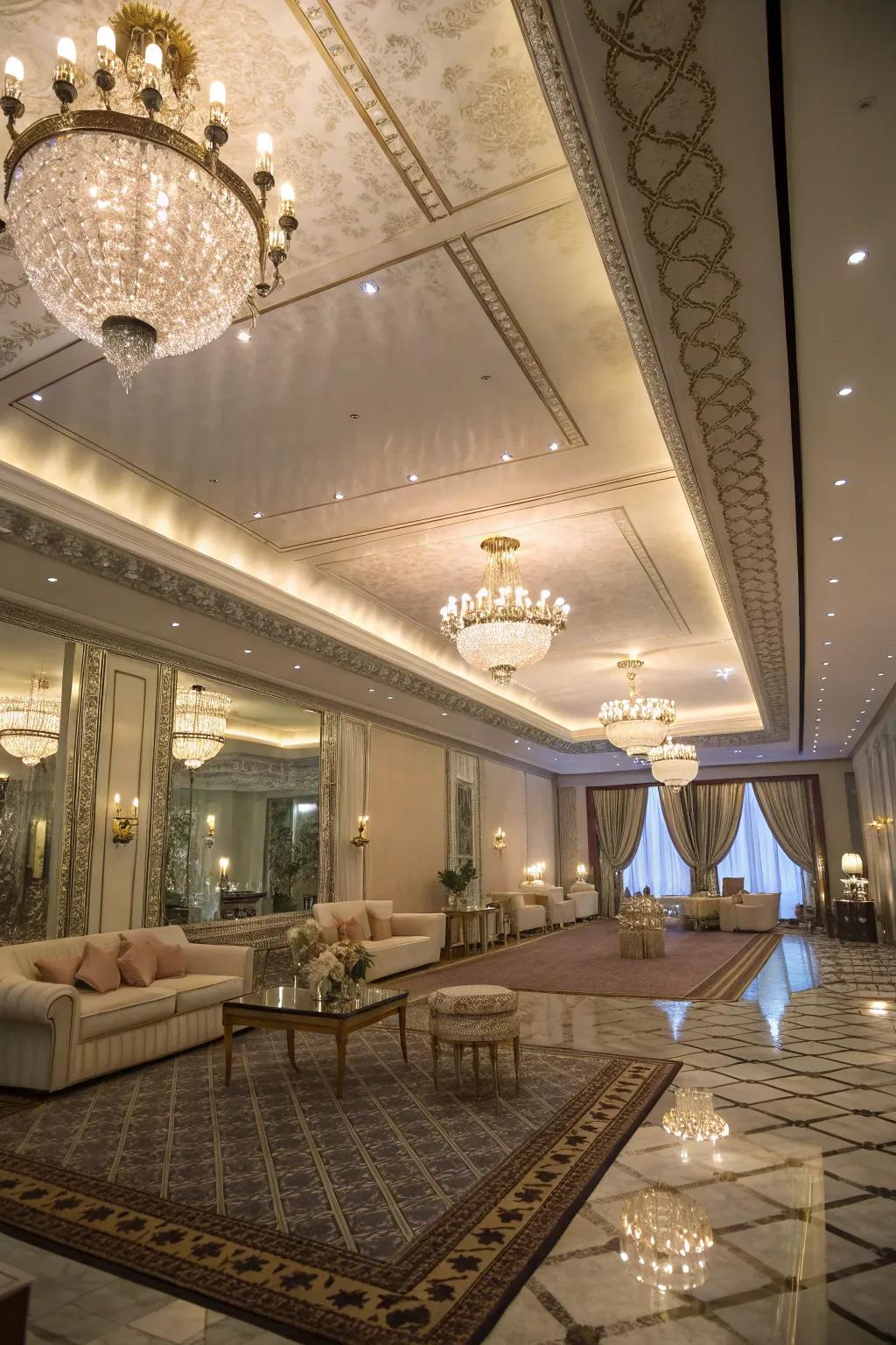 A luxurious room featuring a reflective roof that reflects light beautifully.