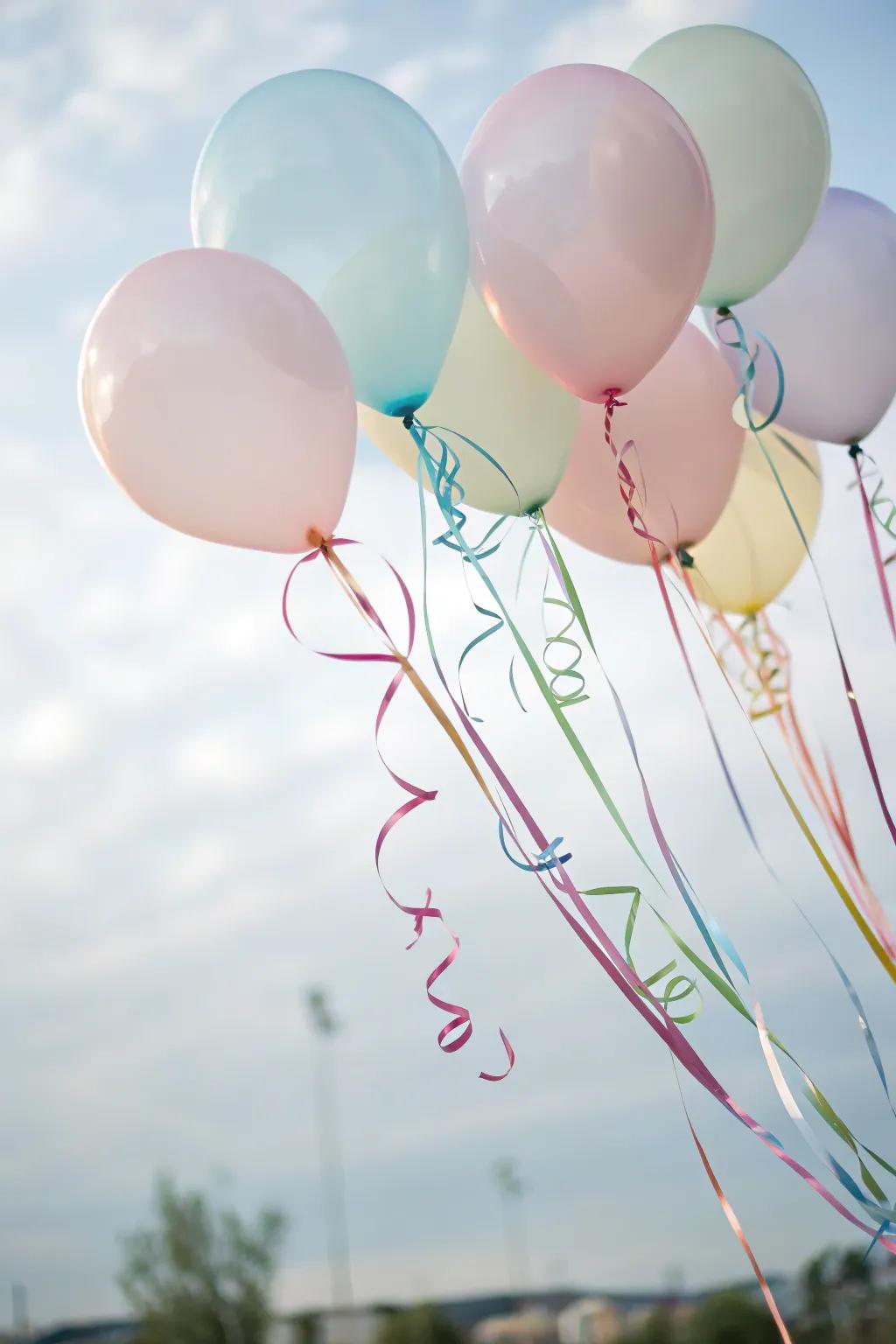 Elevate balloons with colorful ribbon tails.