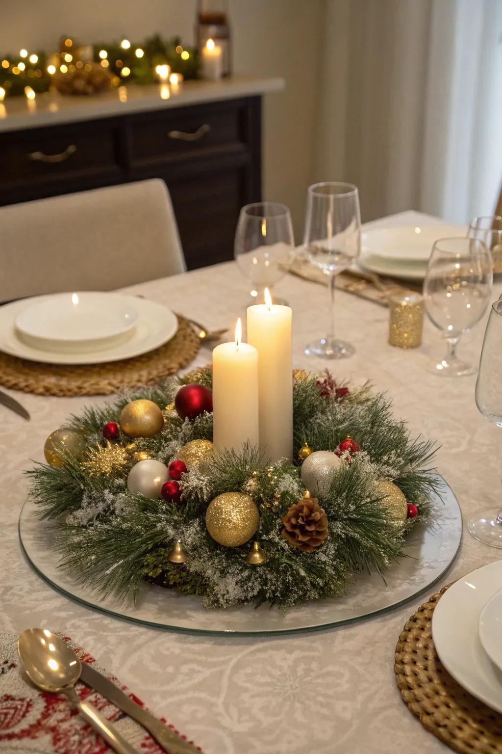 A celebratory feasting table centerpiece showcasing shimmer strands.