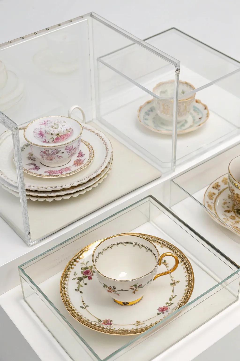 Transparent boxes exhibiting individual china pieces as standalone artworks.