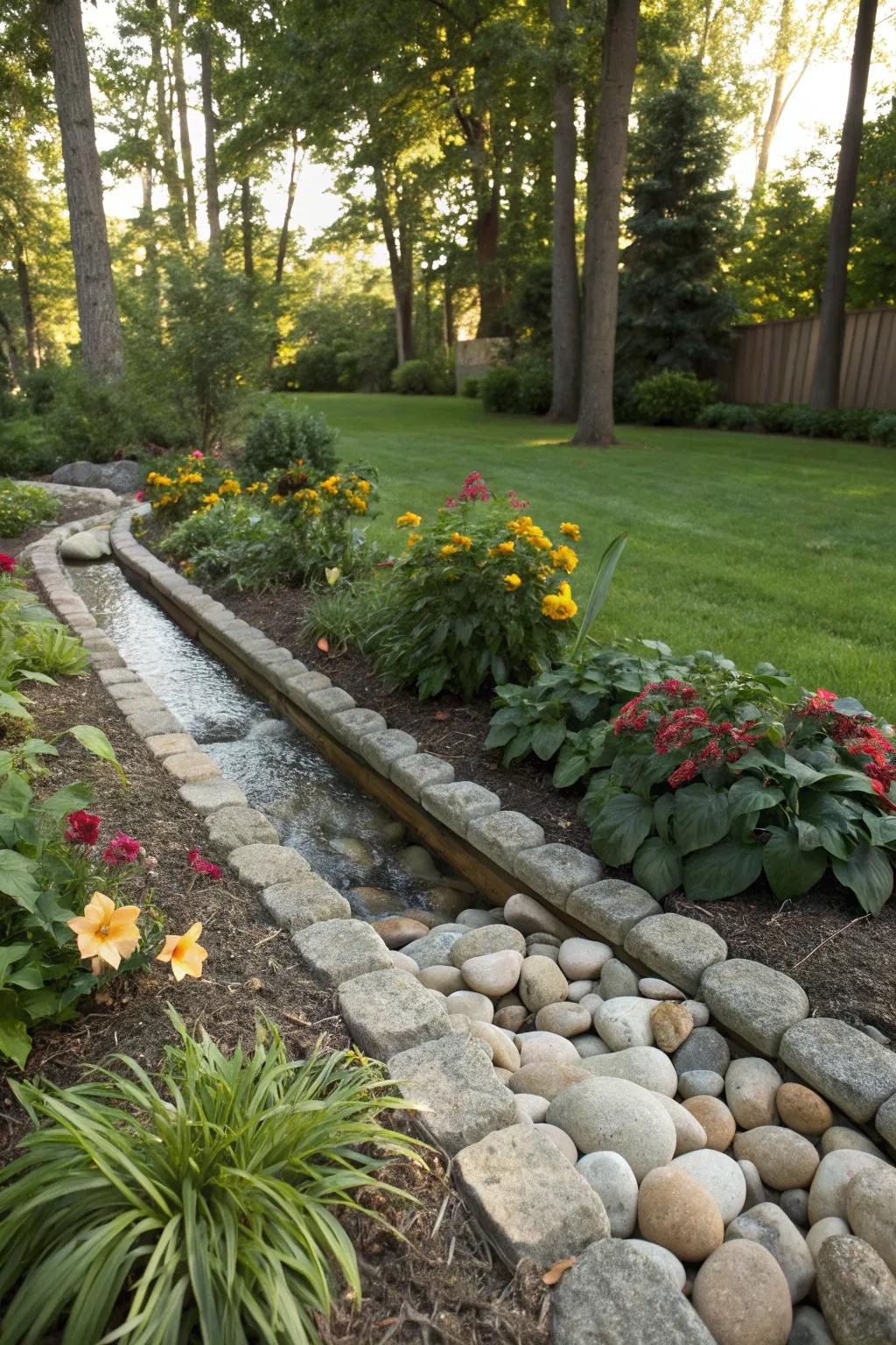 Stone borders add a rustic charm while diverting water.