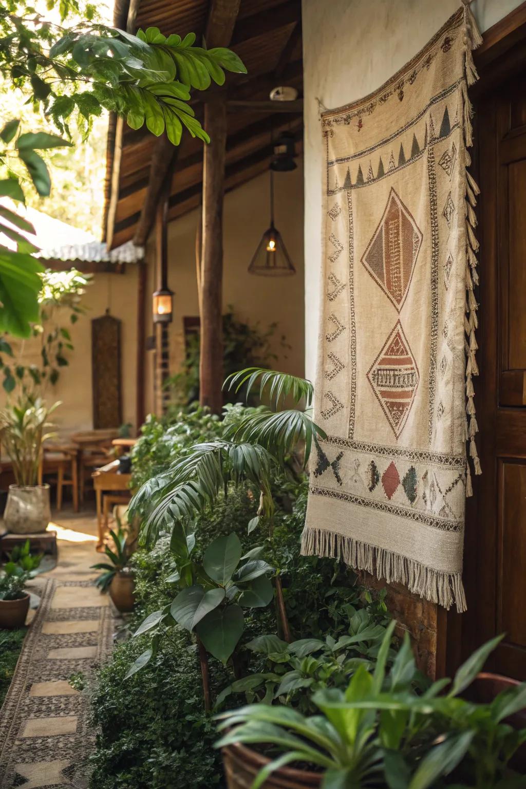 Flora and textiles coalesce to craft an inviting atmosphere.