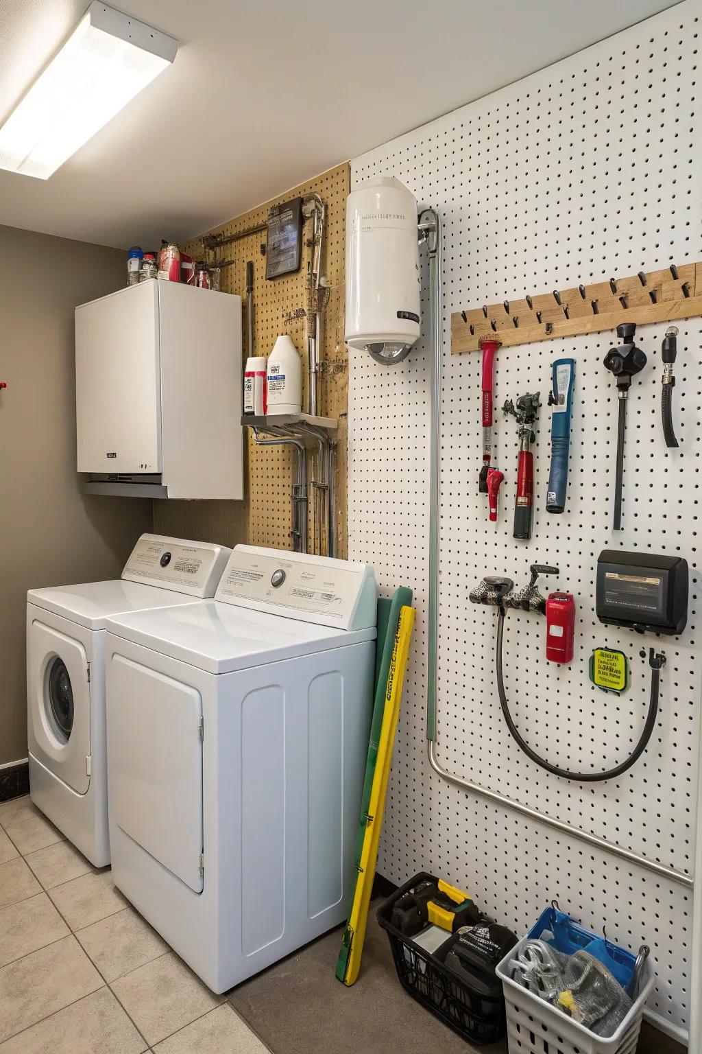 Pegboard walls combine organization and concealment.