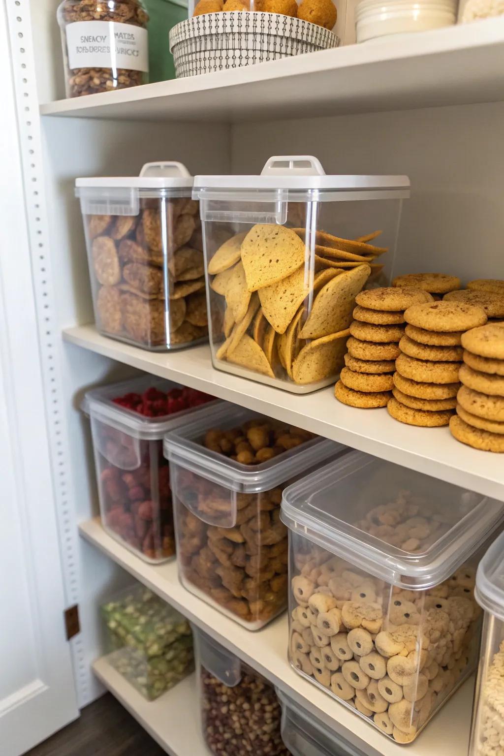 Stackable bins keep snacks organized and within reach.