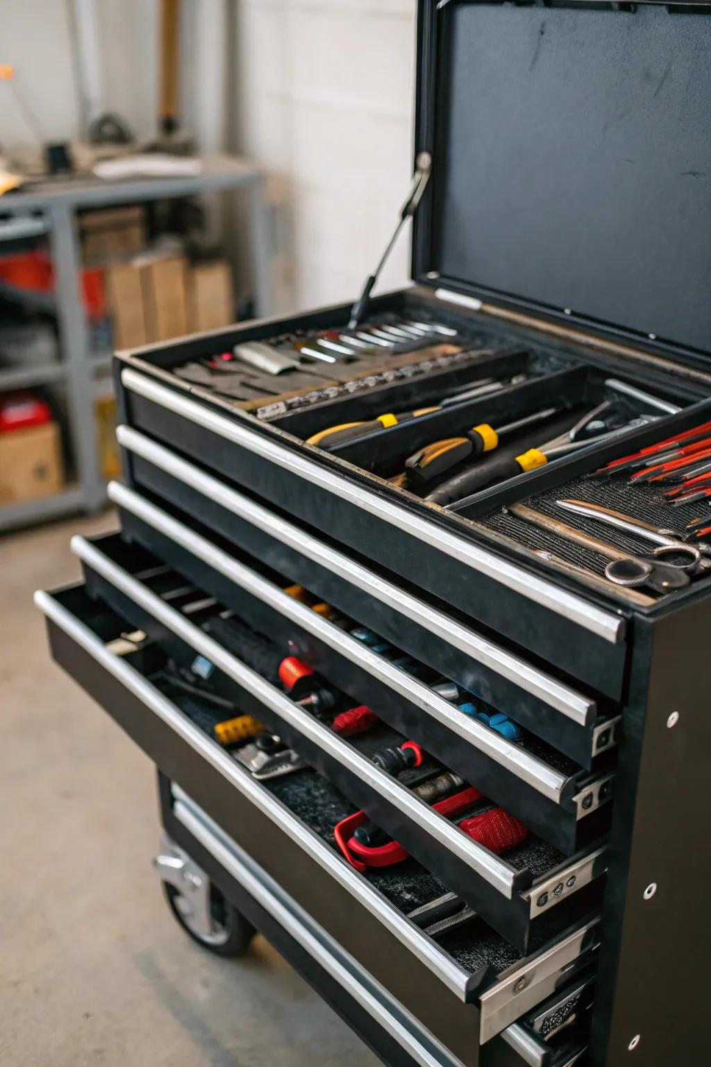 Drawers facilitate the organization and transportation of equipment.