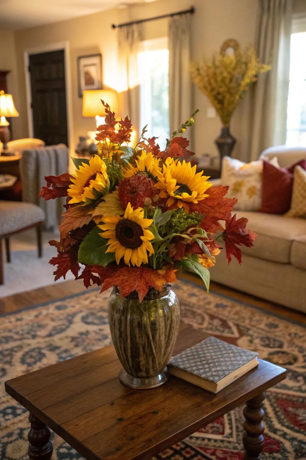 A seasonally inspired arrangement featuring sunflowers and autumnal leaves.