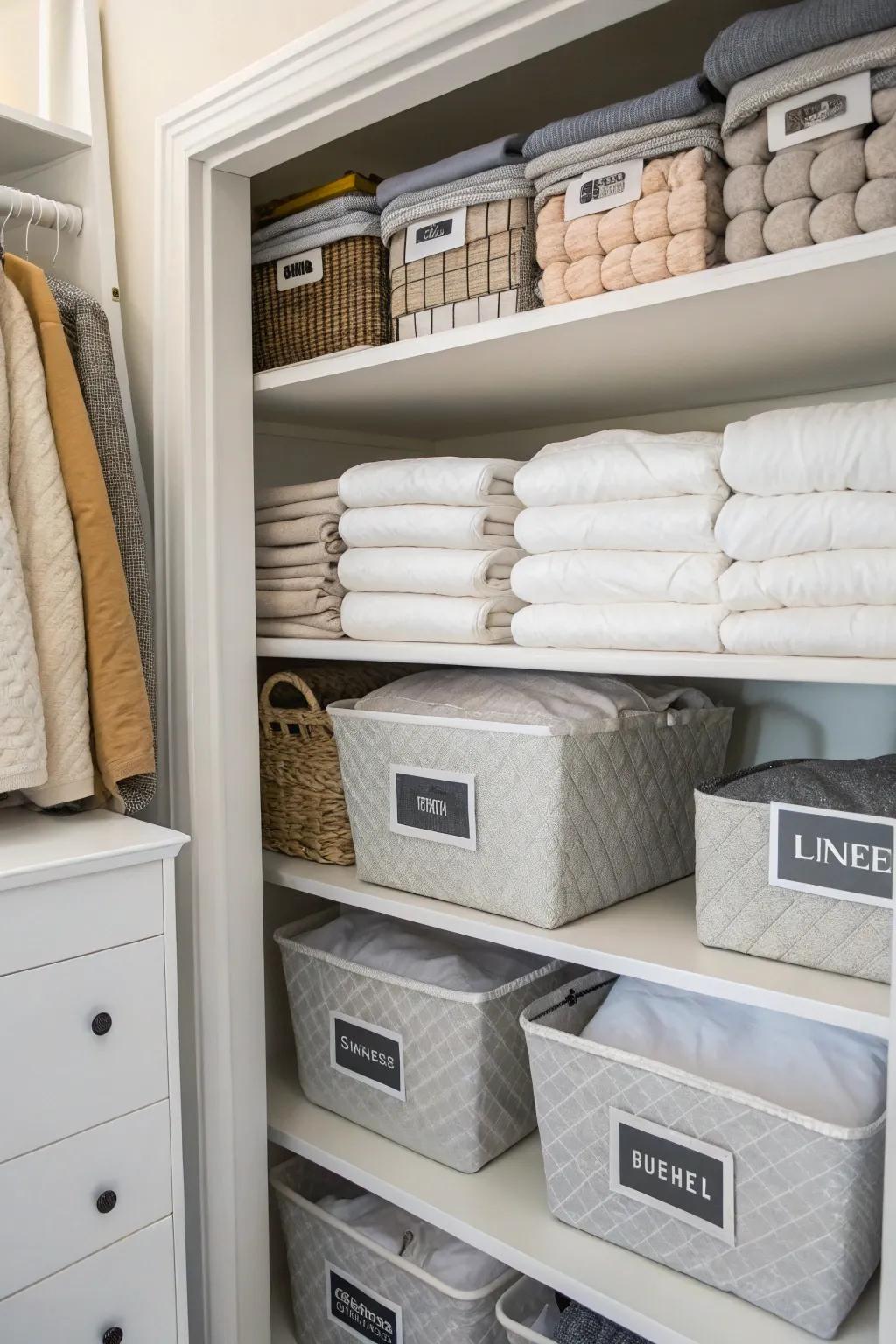 Labeled shelves and bins for easy comforter organization.