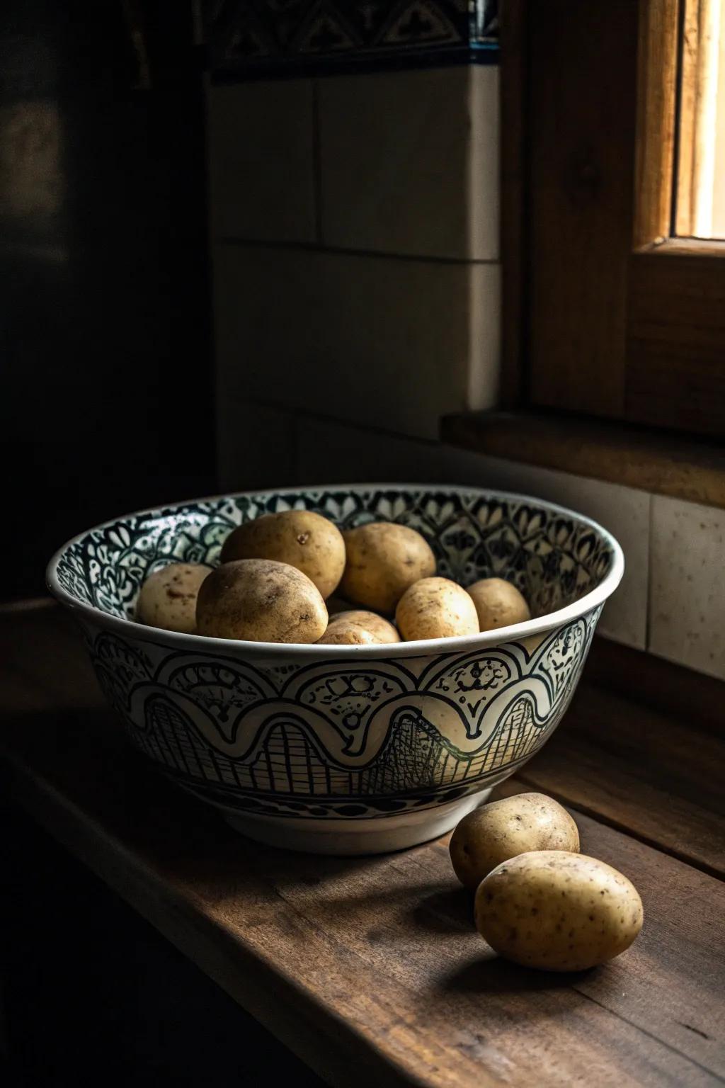 Refined potato arrangement showcased in an ornamental earthenware dish.