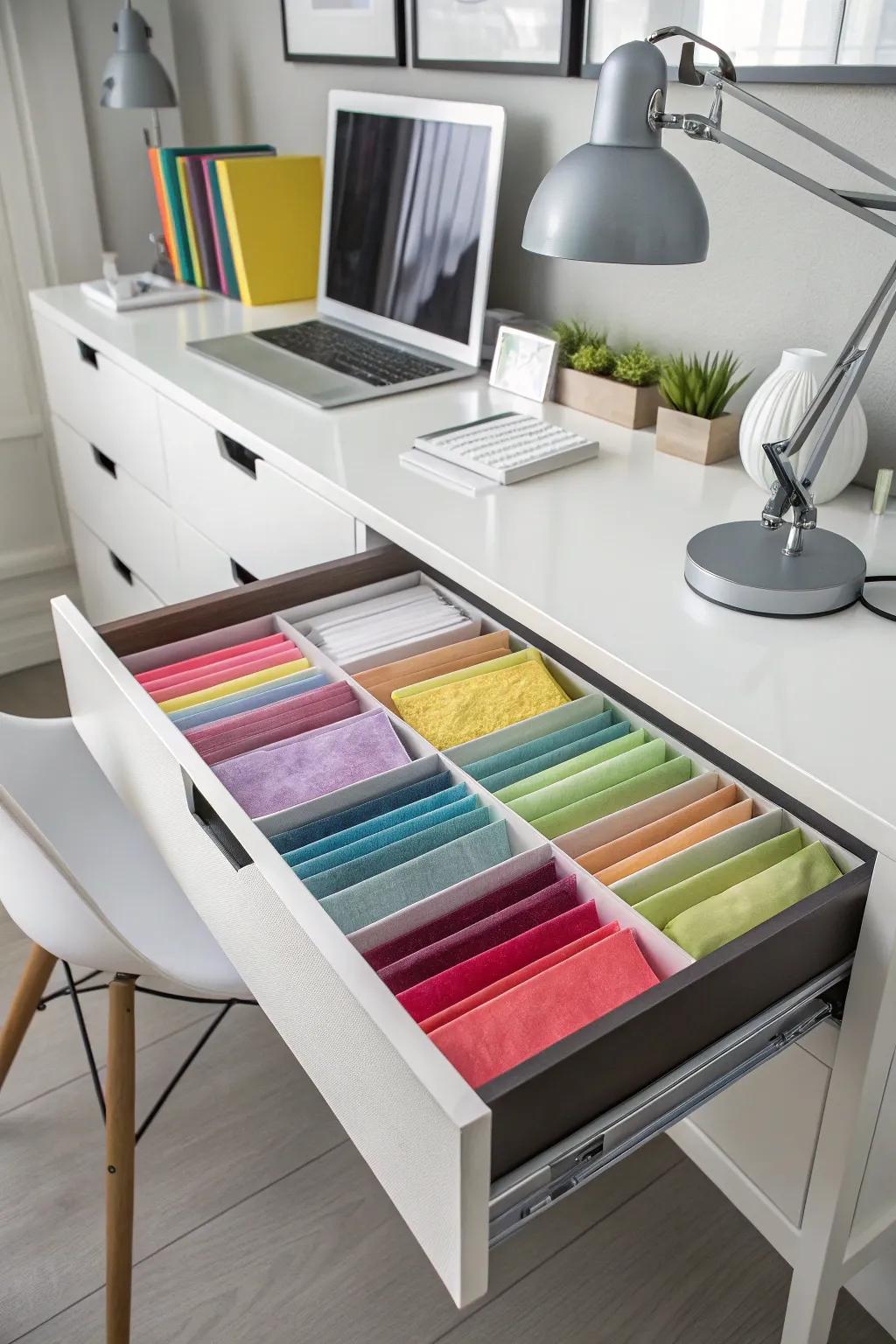 Drawer dividers offer well-organized access to tissue paper.