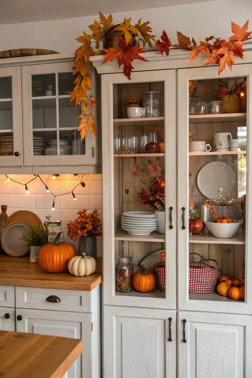 Seasonal items imparting a hint of autumn to the cabinets.