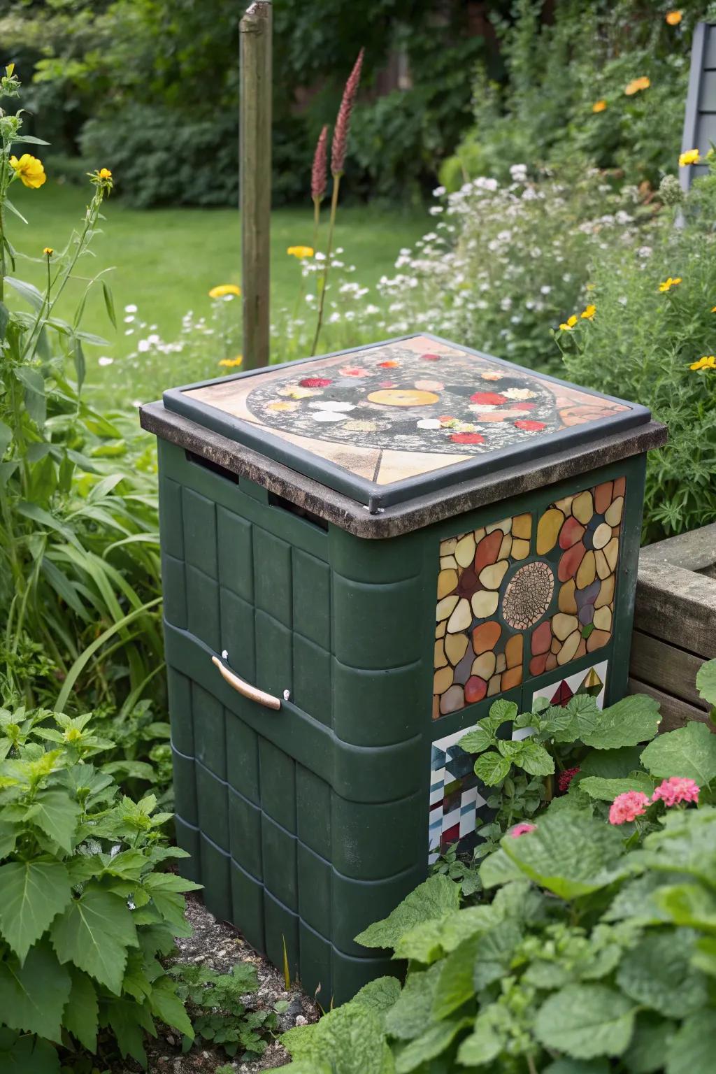 A mosaic-covered compost bin lends charm to the garden.