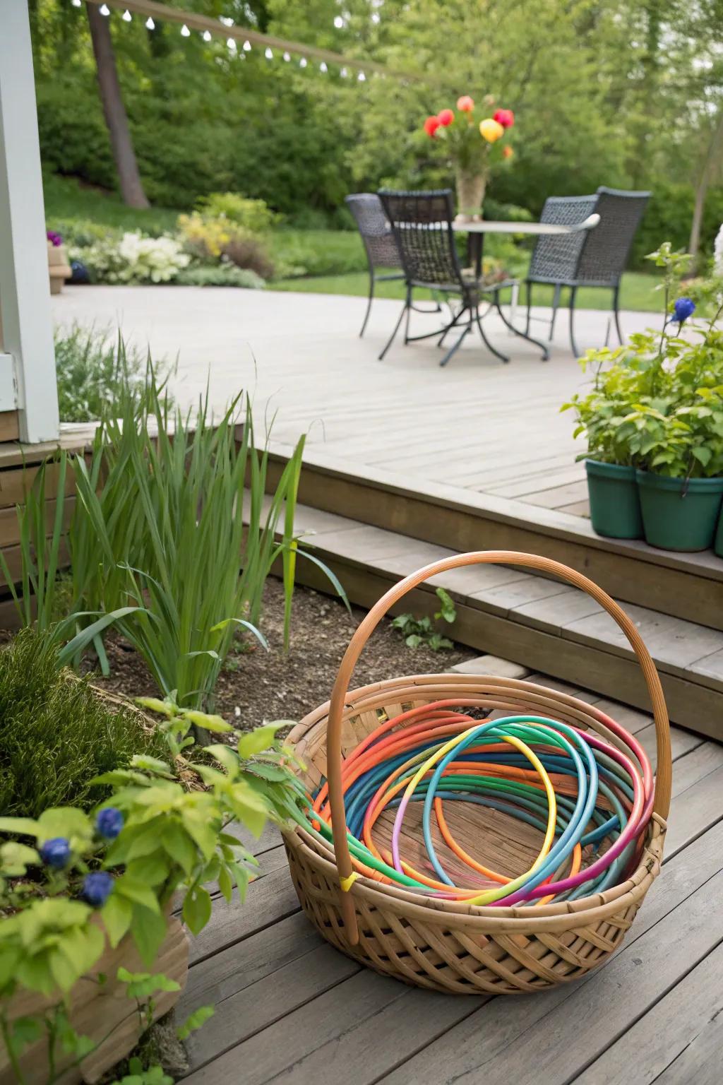 A generous container brimming with playful rings, delivering a playful and functional storage solution on a patio.