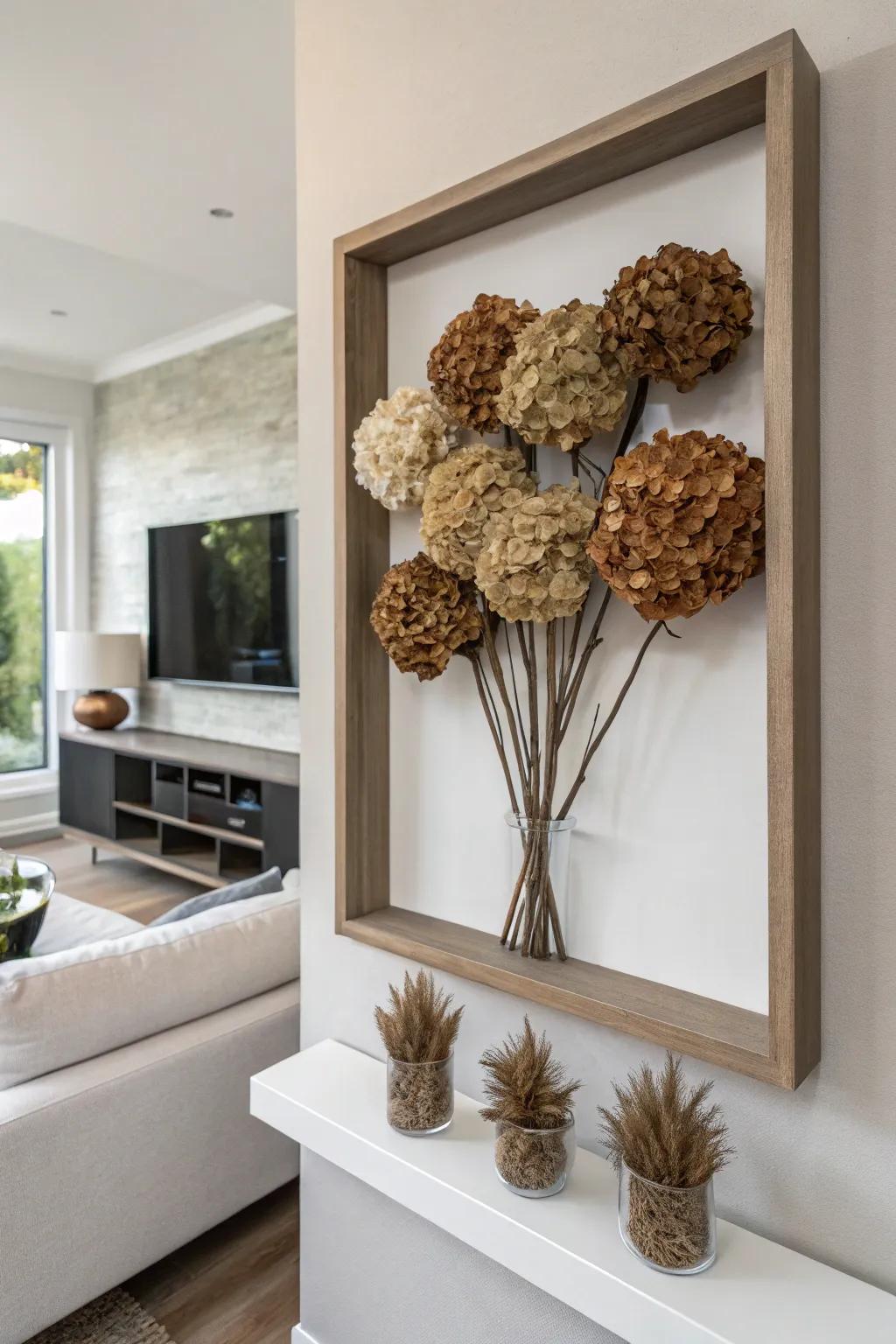 Dried cloudburst blooms turned into eye-catching wall art.