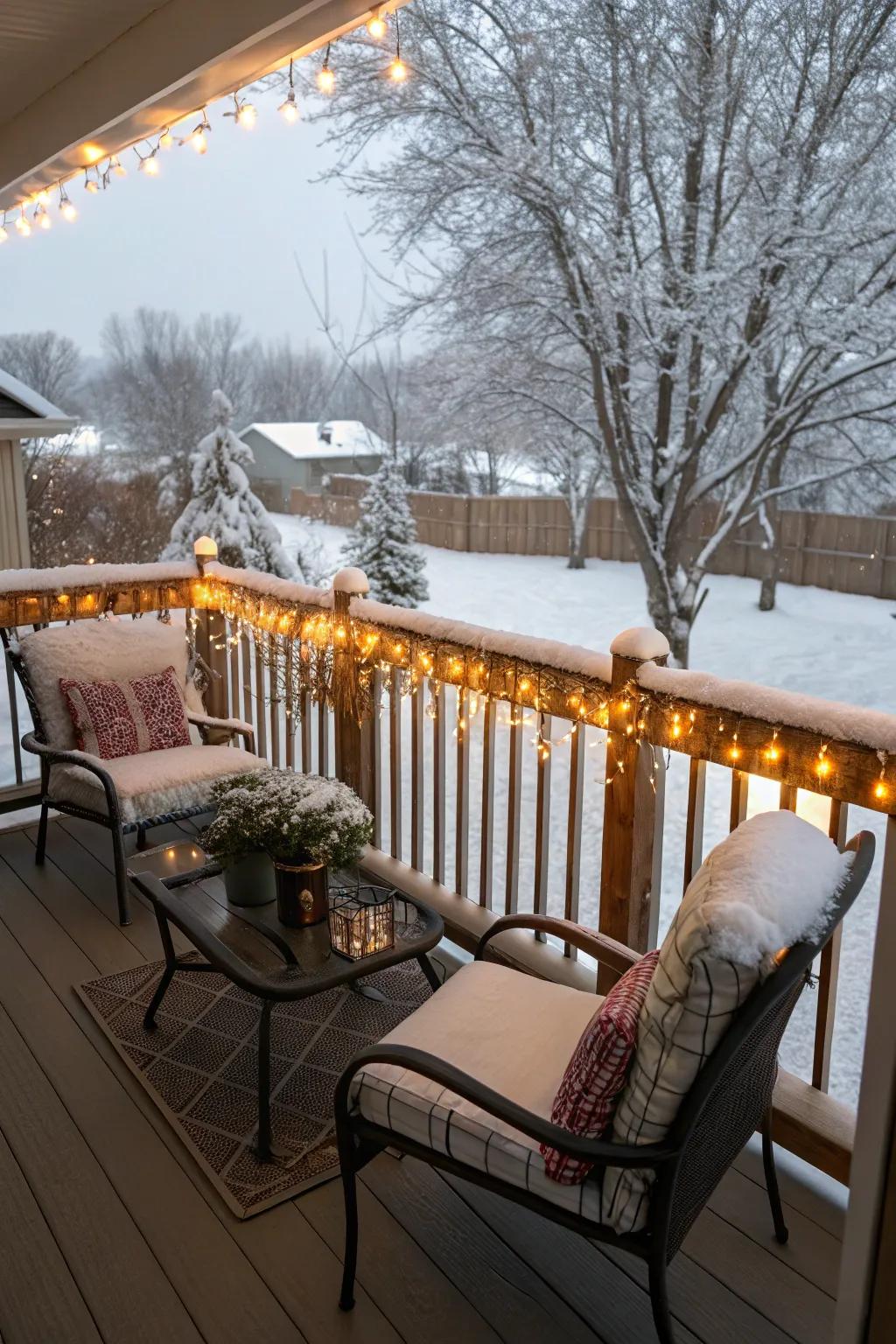 A deck morphed into a snug haven with dazzle lights.