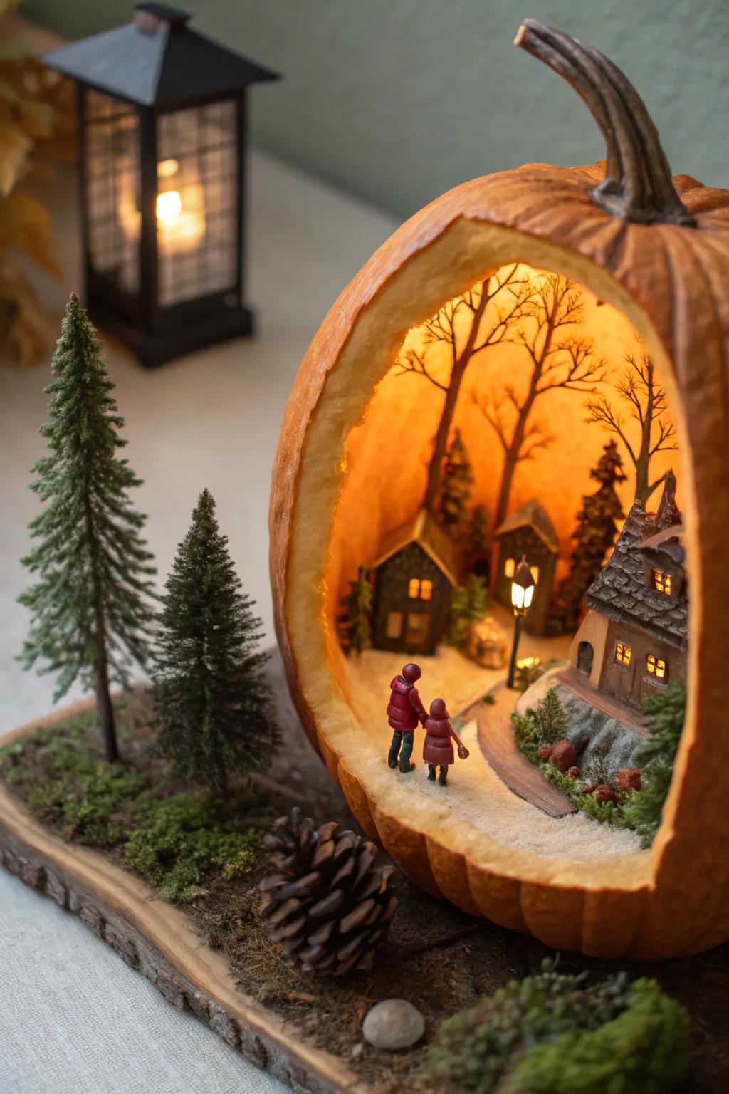 A pumpkin miniature scene showcasing a fanciful minuscule realm.