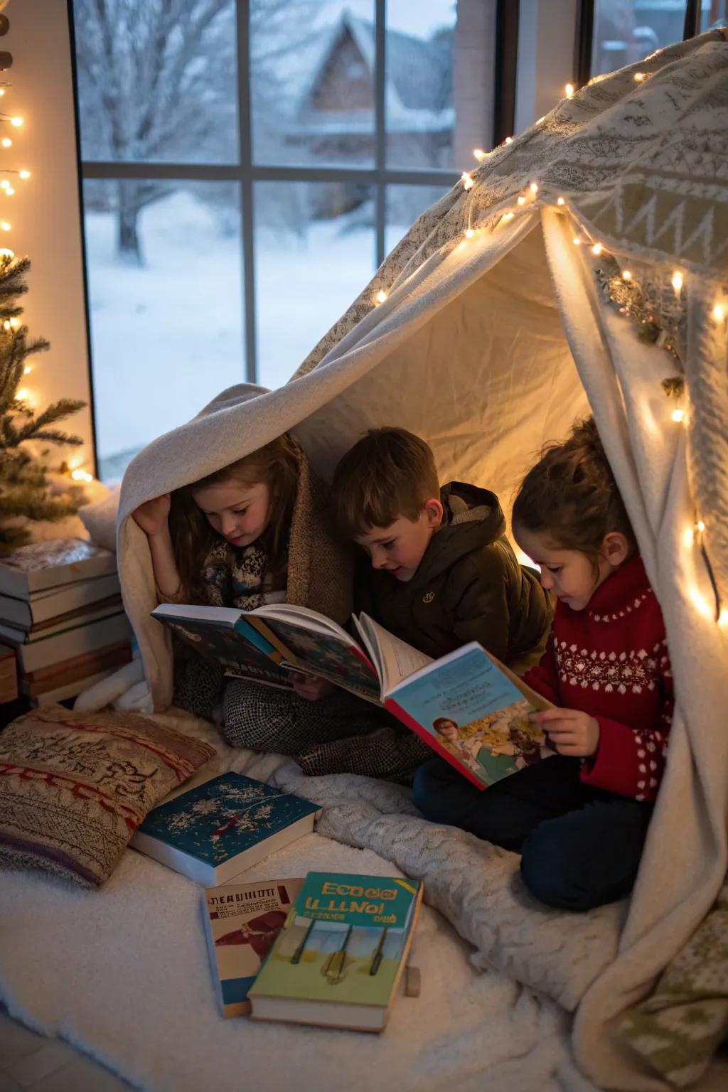 Children relishing winter-themed stories inside comfortable tent sanctuaries.
