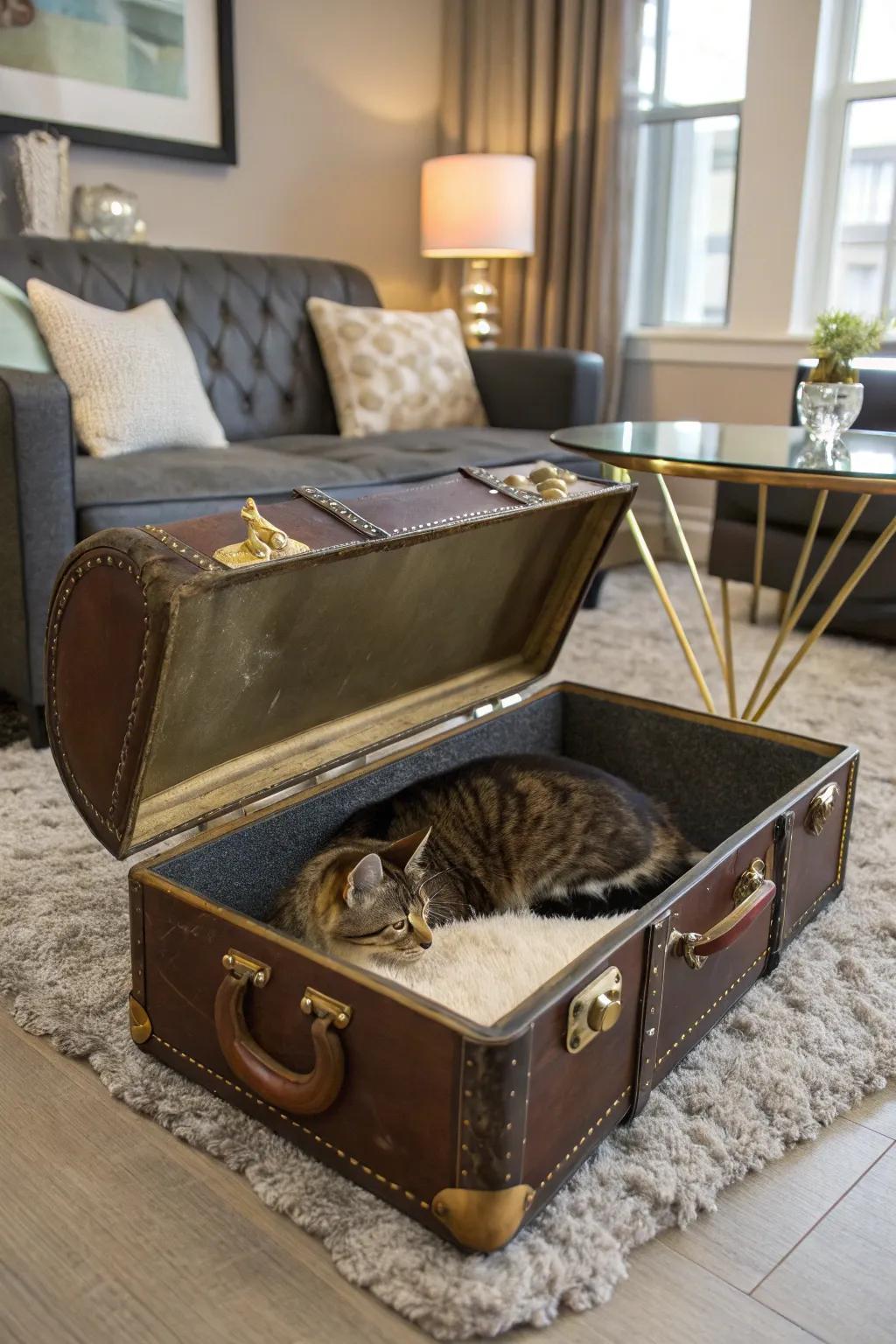 A retro baggage item transmuted into a distinctive cat bed.
