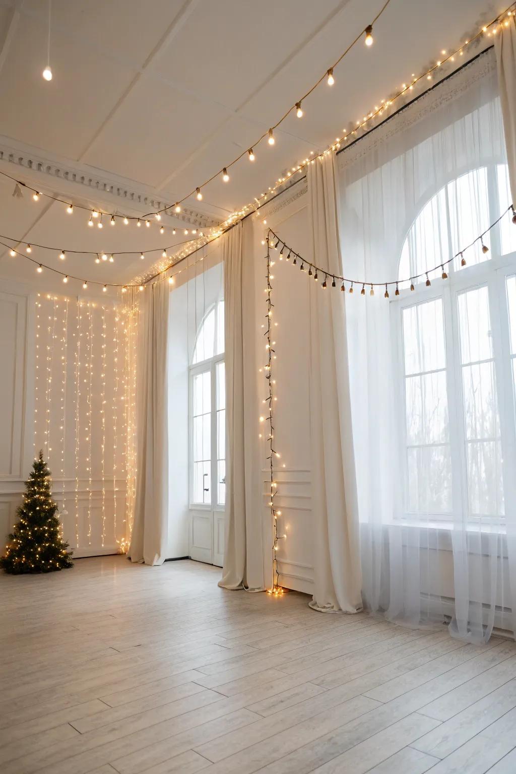 Improve minimalist spaces using gentle fairy light integration.