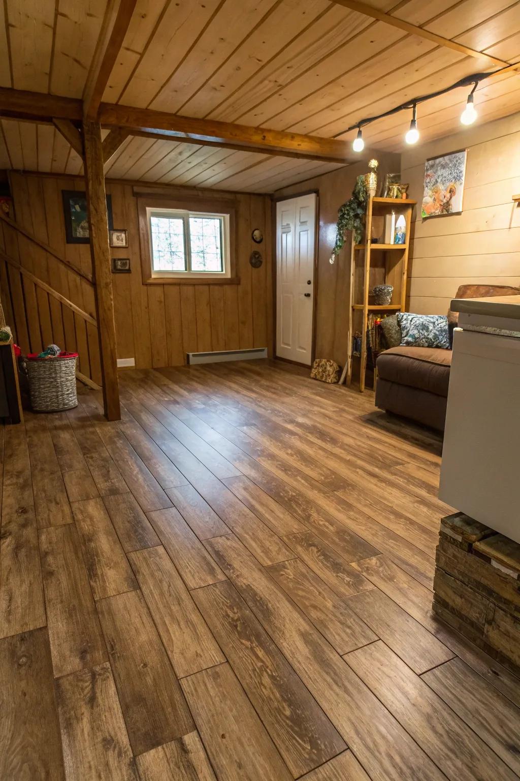 Wood-like floors bring warmth without the upkeep.