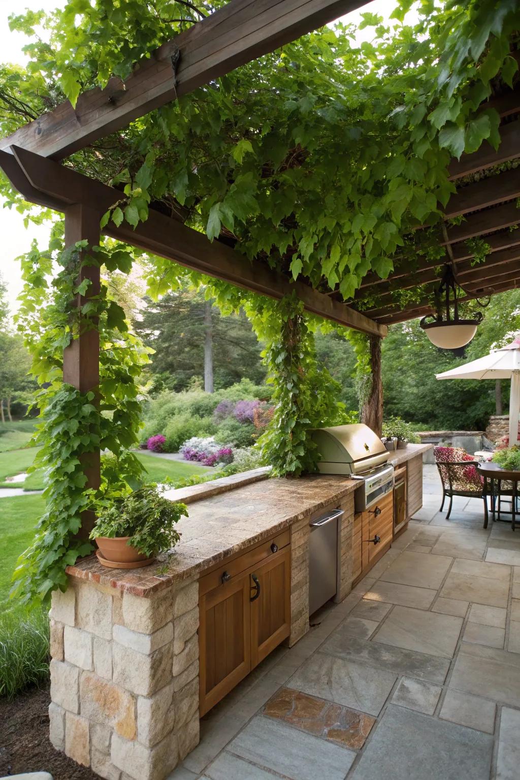 A living canopy of climbing vines for a revitalizing outdoor cooking setting.