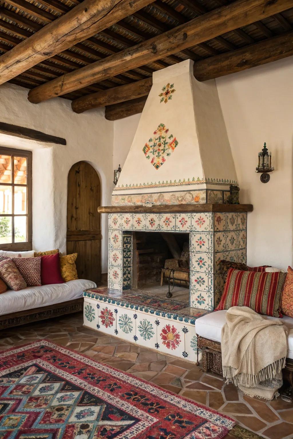 A classic Iberian fireplace fashions a snug emphasis element in the family room.