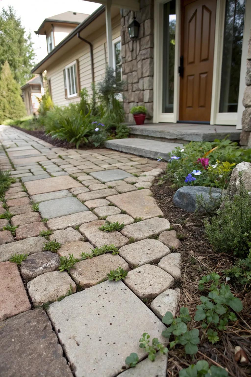 Greenery between stones creates a vibrant and welcoming entryway.