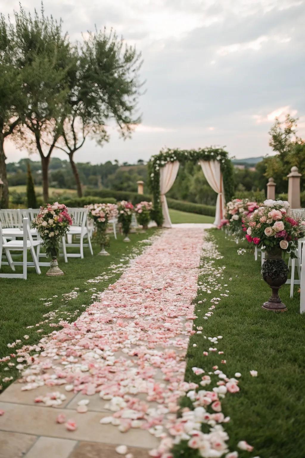 Flower petals and foliage outline an enchanting wedding path.