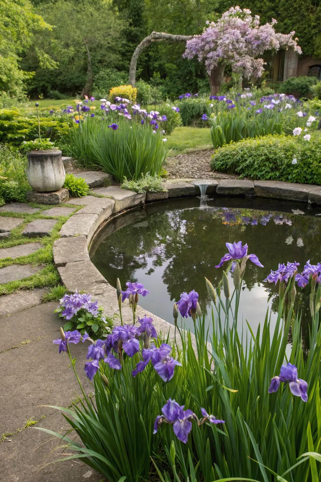 Irises enriching a water feature, bestowing peace and elegance.