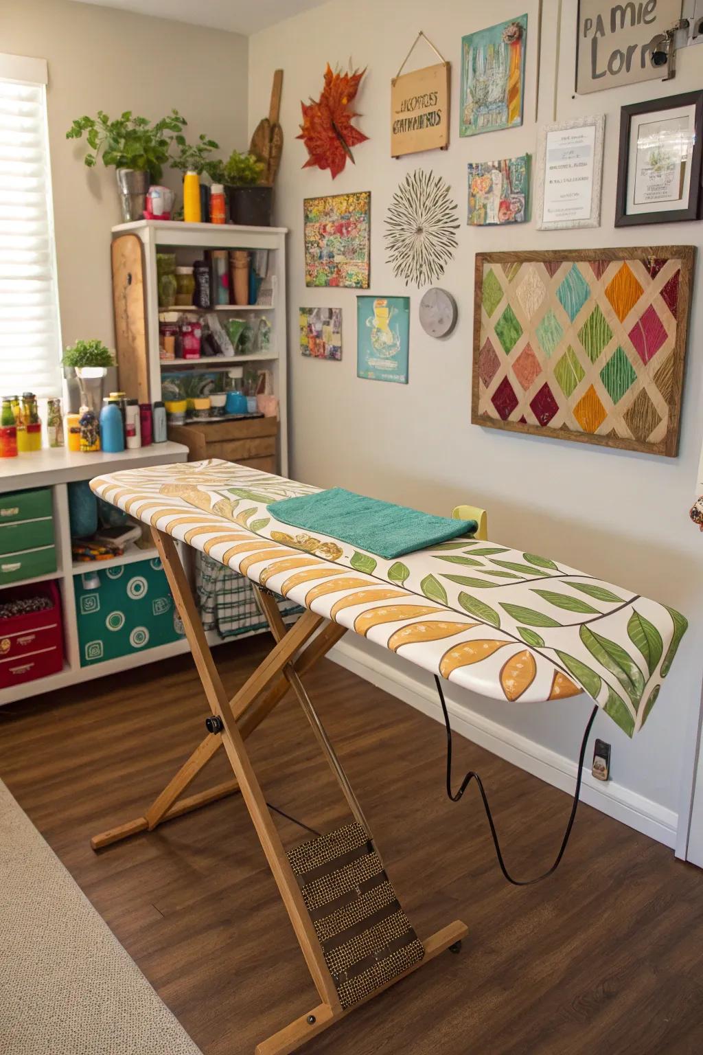A bespoke drop-leaf ironing surface features in a creative crafting area.