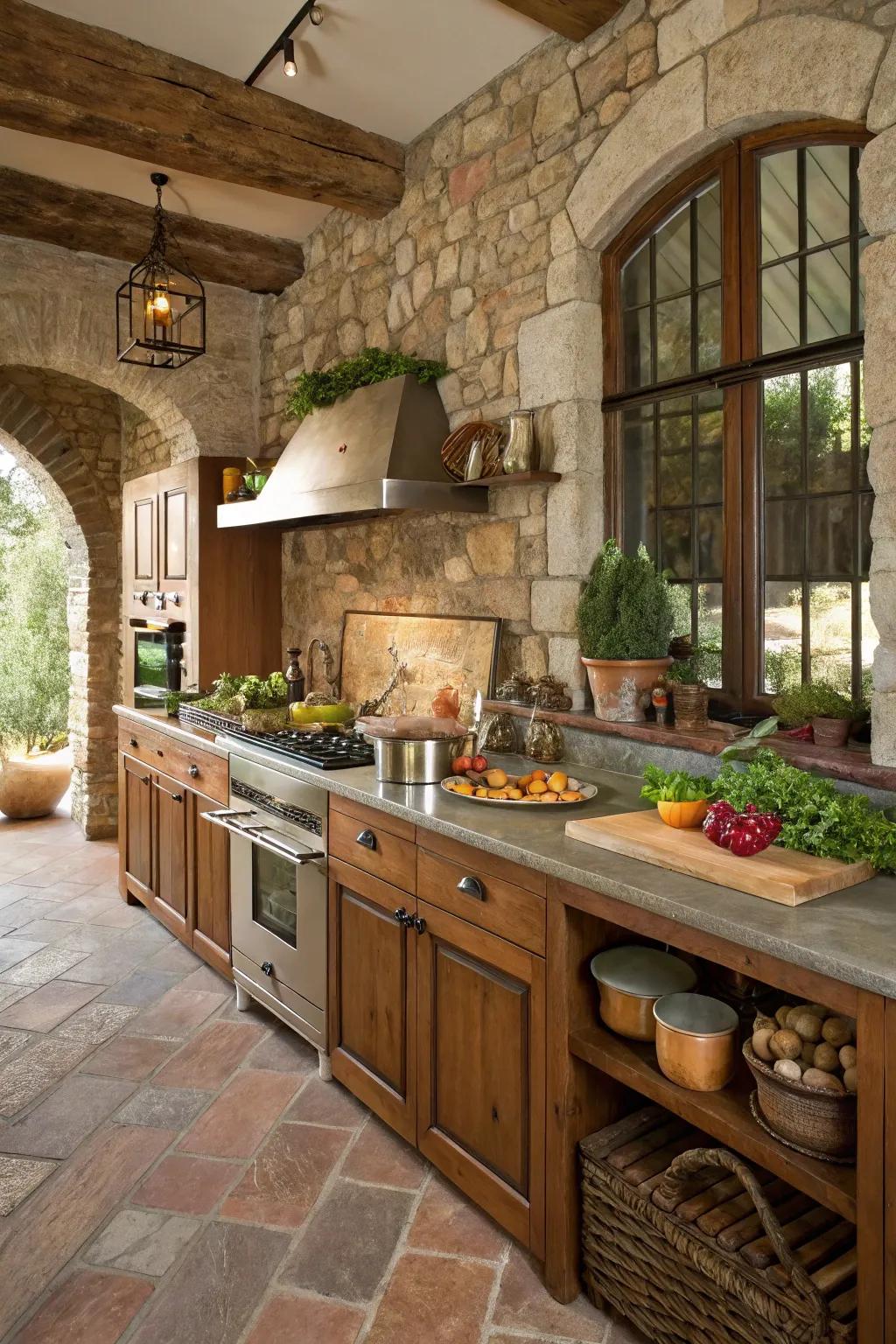 A harmonious mix of materials adds visuals to this cooking space.