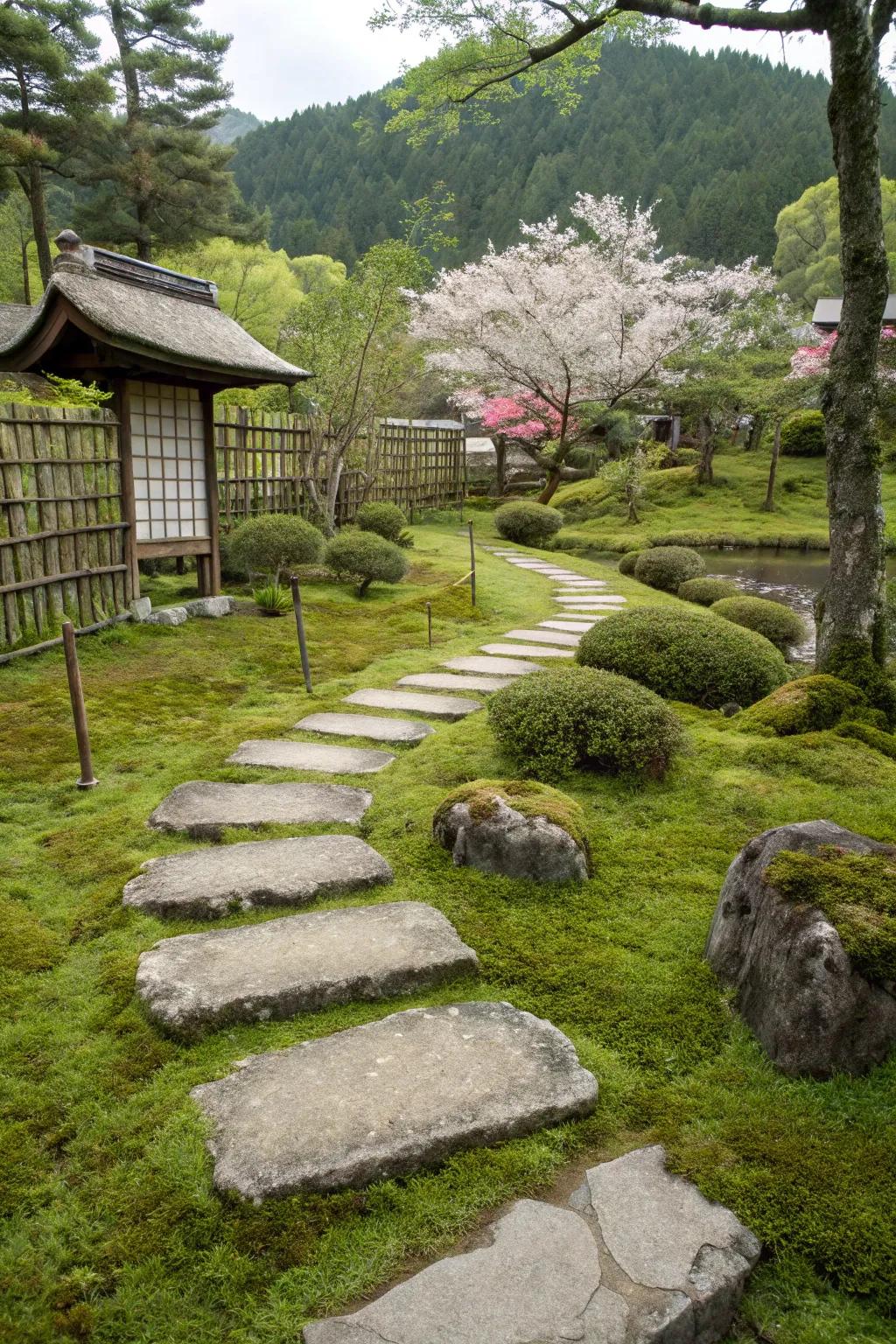 Inviting stepping stones nestled in lush moss.