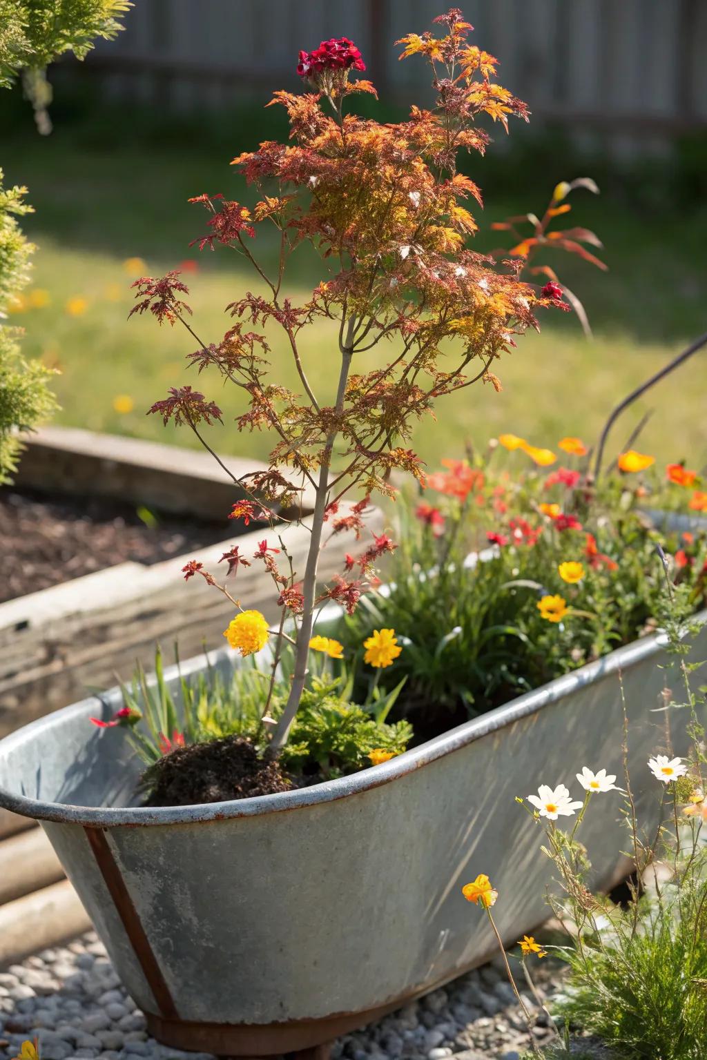 A unique take on gardening with a recycled metal bathtub as a planter.
