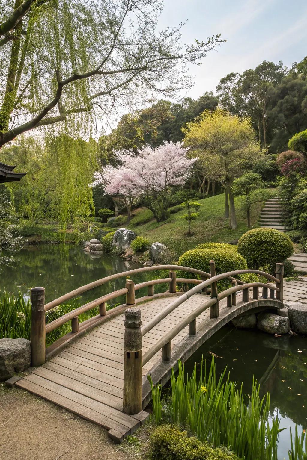 A rustic wood bridge above a pond in a Japanese garden.