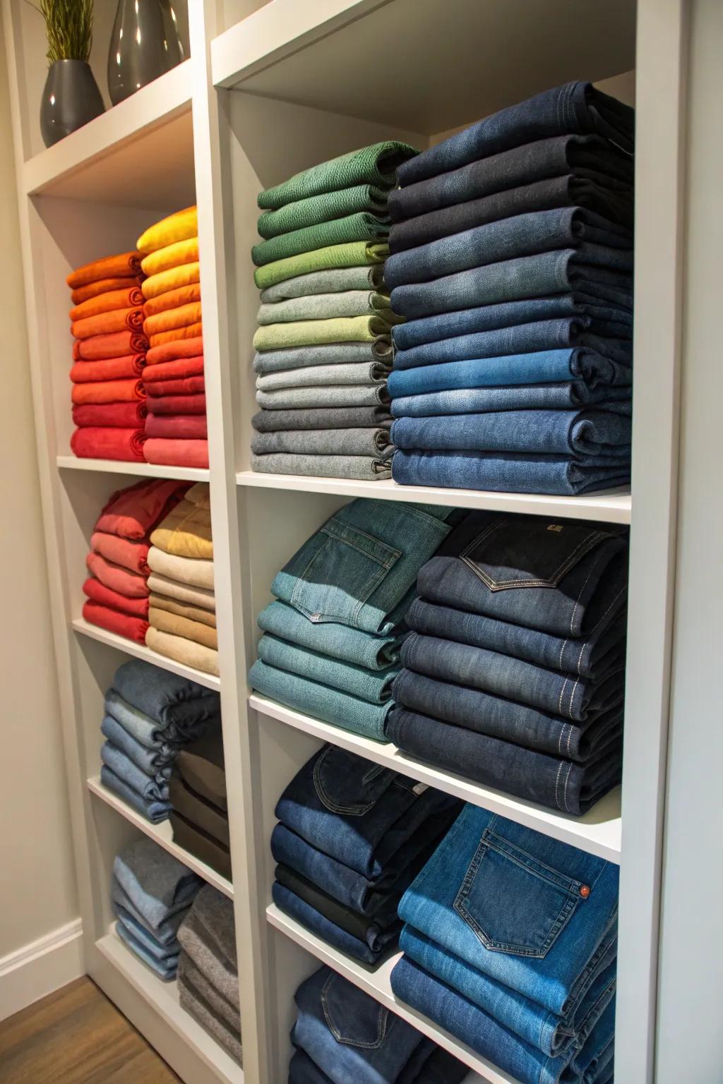 Transform a bookshelf into an elegant jeans storage component.